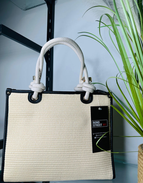 Woven Black Trim Tote Bag with Rope Gold Stud Handle.