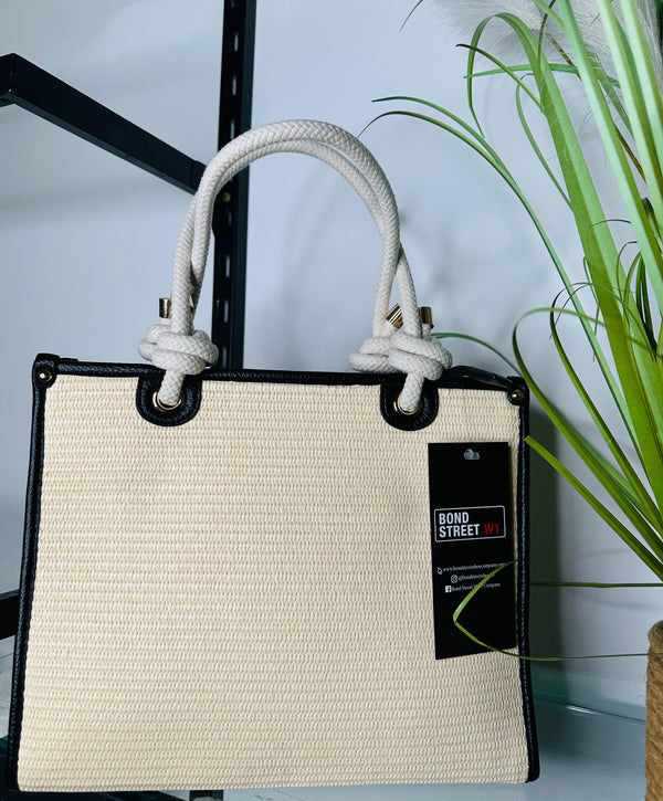 Woven Black Trim Tote Bag with Rope Gold Stud Handle.