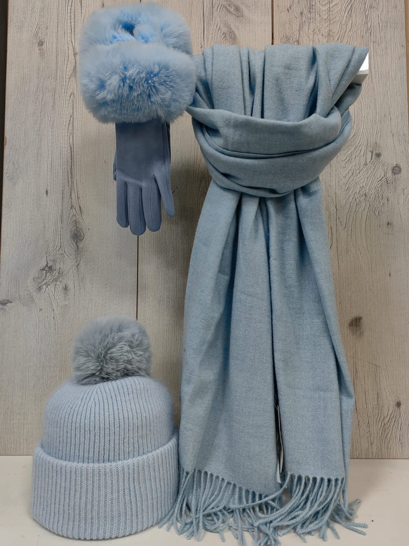 Cosy Accessory Hat Glove and Scarf Set in Powder Blue