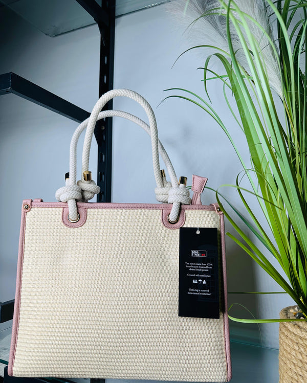 Woven Blush Pink Trim Tote Bag with Rope Gold Stud Handle.