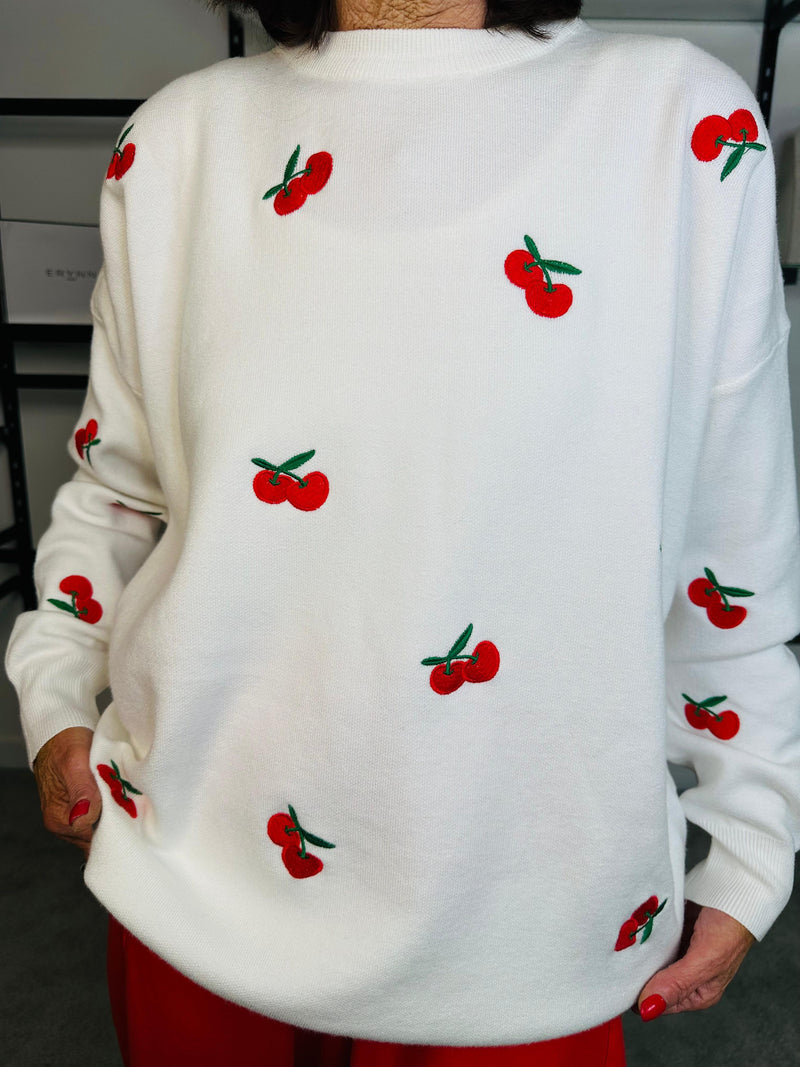 Cherry Embodiery Fine Knit Jumper