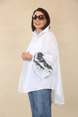 Portofino White Ruffle Sleeve Shirt with black lace on cuff