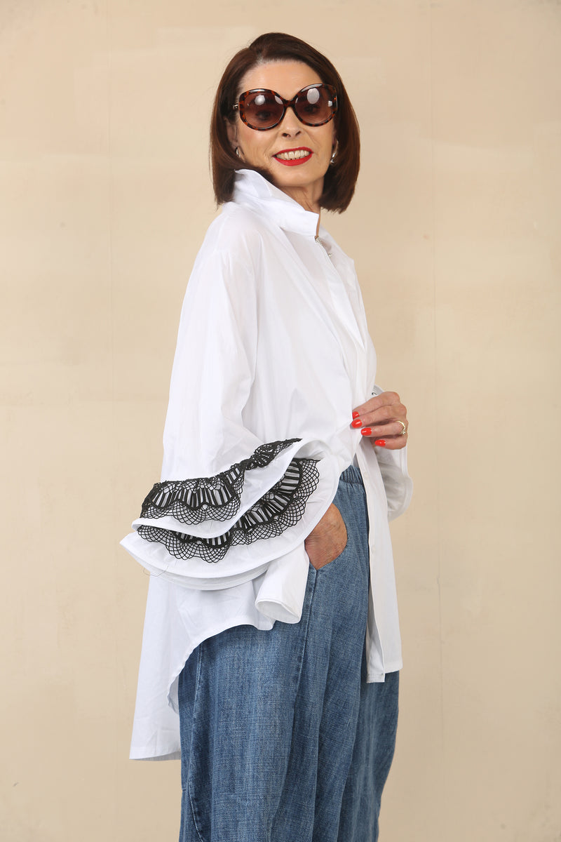 Portofino White Ruffle Sleeve Shirt with black lace on cuff