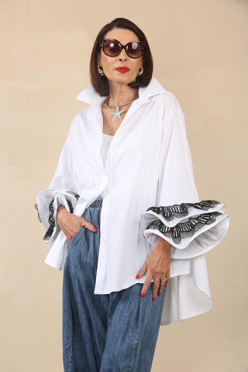 Portofino White Ruffle Sleeve Shirt with black lace on cuff