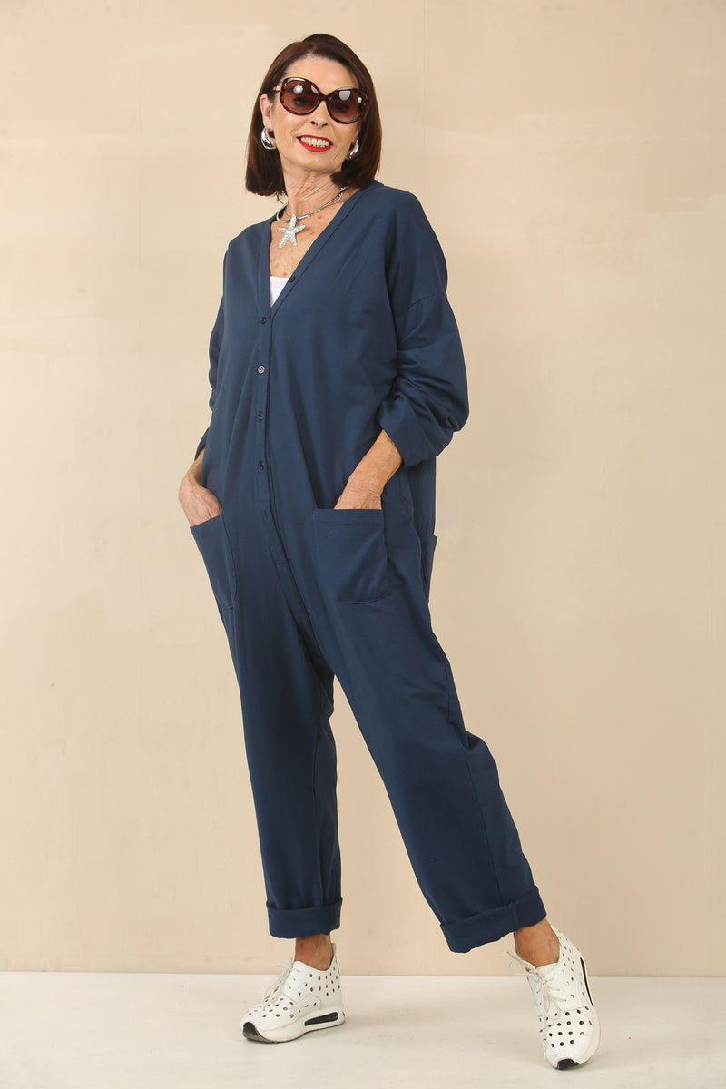 Monica Vneck navy jumpsuit