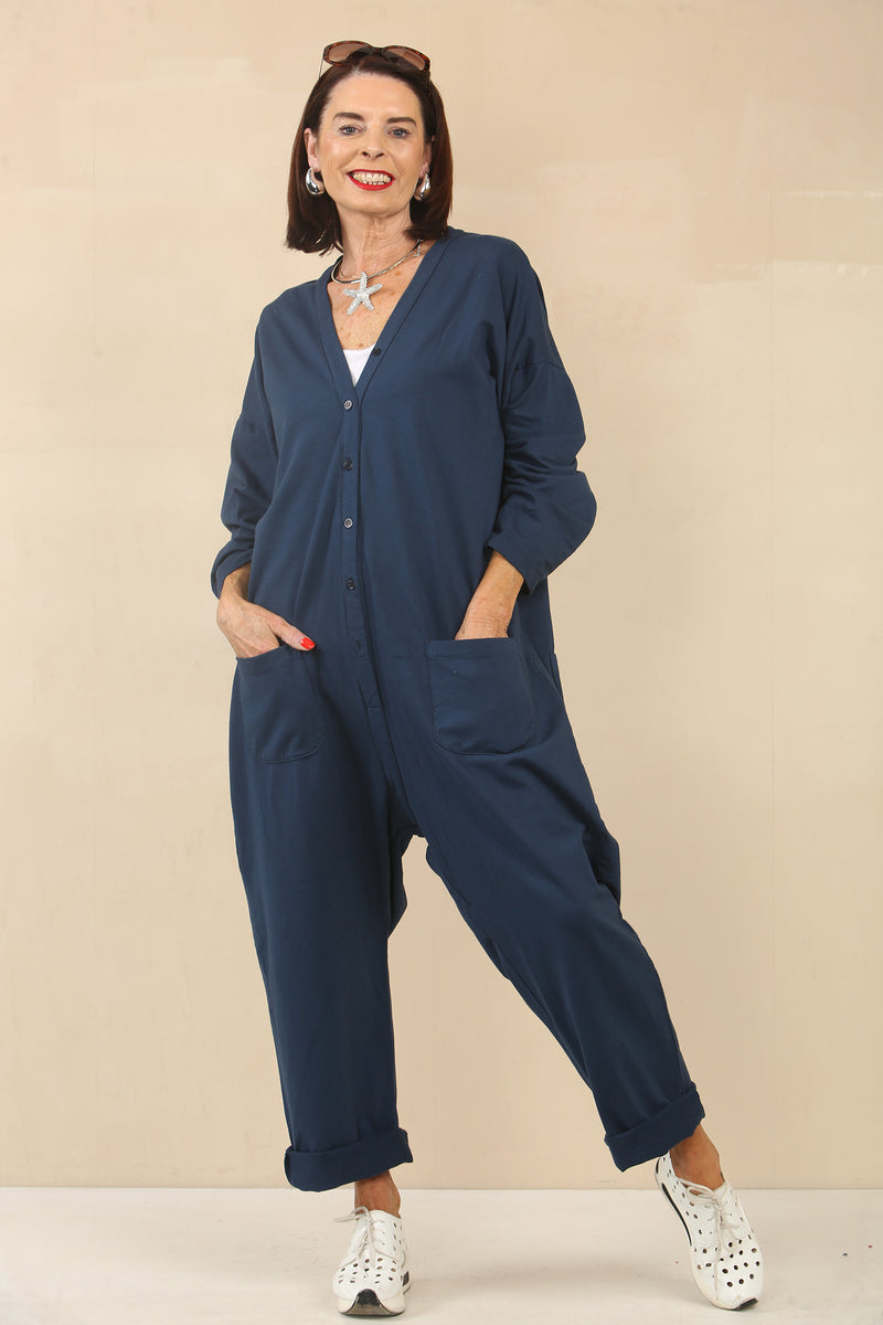 Monica Vneck navy jumpsuit