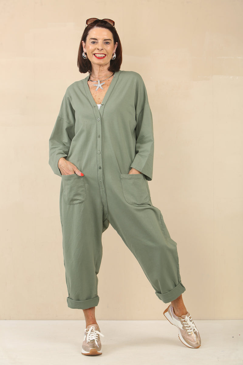 Monica Vneck khaki jumpsuit