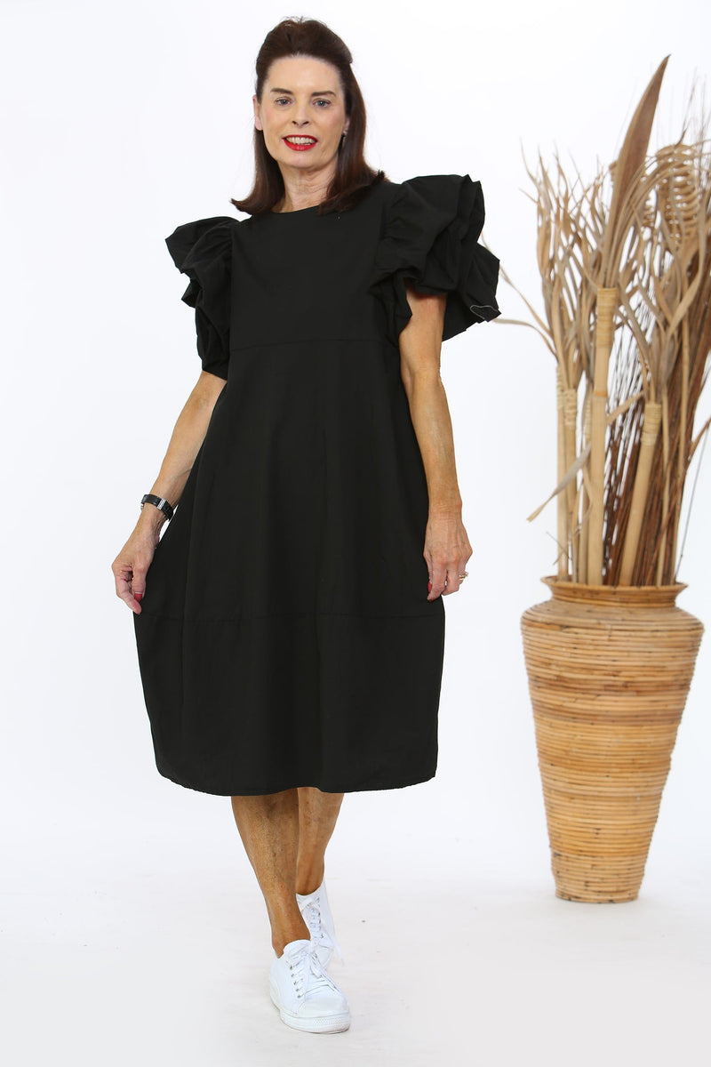 Balloon Sleeve Puff Pleated Style Dress in Summer Black Bond