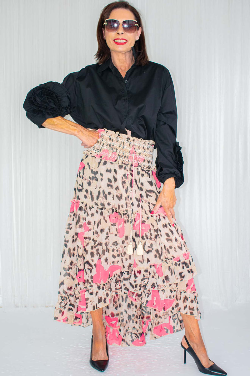 Luella Asymmetric Tiered Skirt in Hot Pink Leopard