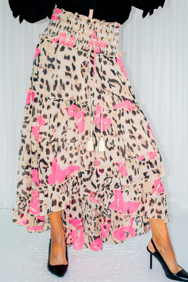 Luella Asymmetric Tiered Skirt in Hot Pink Leopard