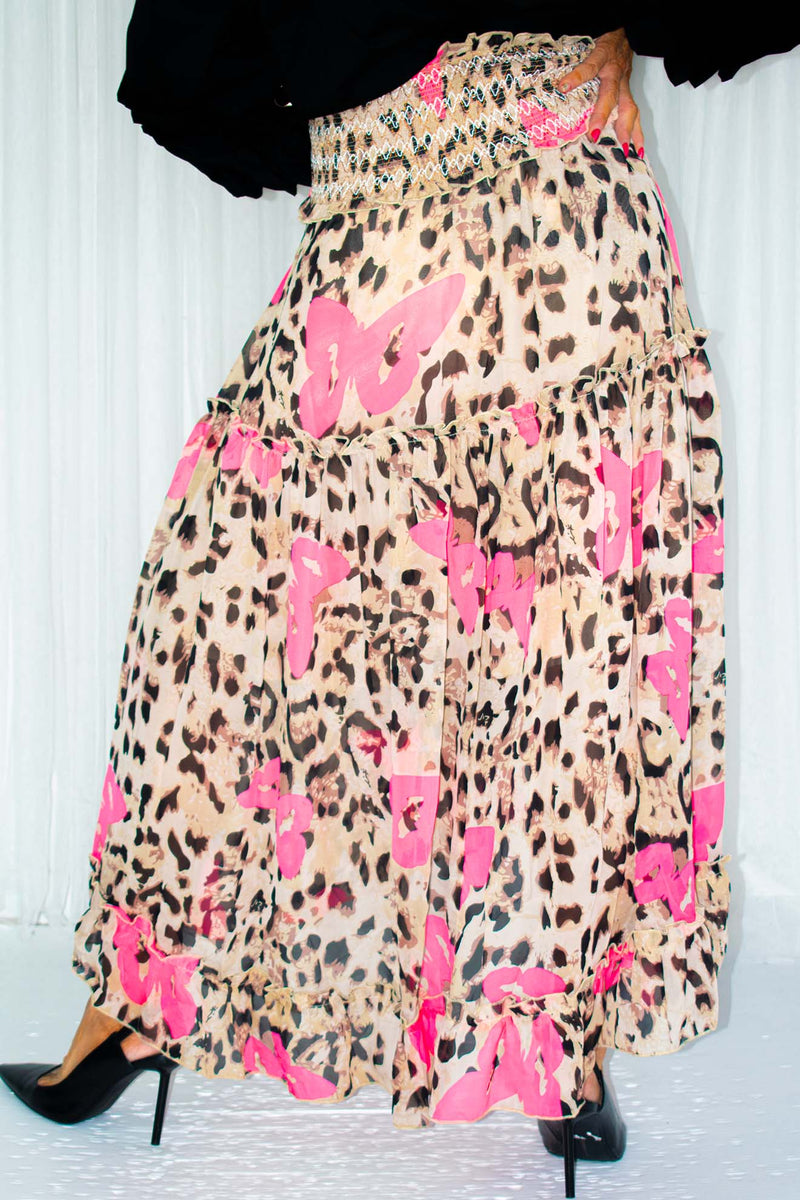 Luella Asymmetric Tiered Skirt in Hot Pink Leopard