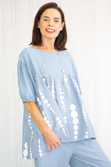 Polly Puff Sleeve Swing Top in Powder Blue Circle Print