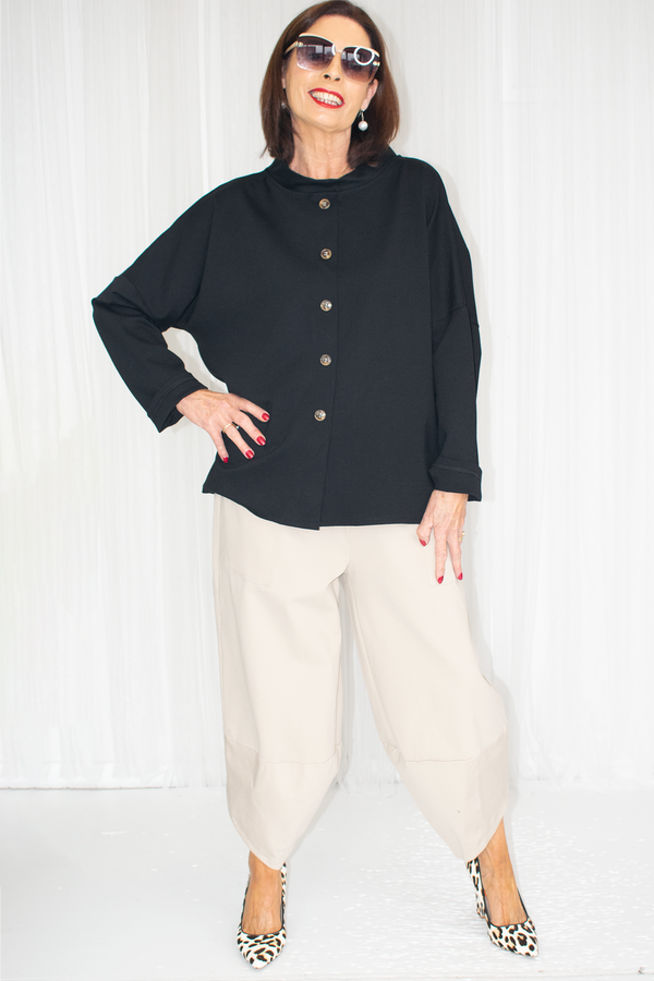 Elise Button Down Front Scuba Top in black