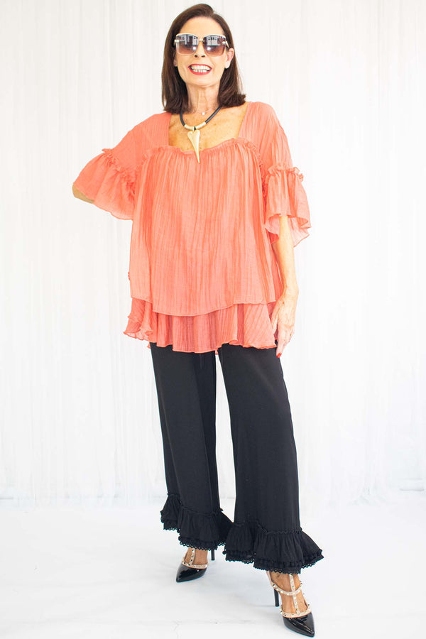 Daniella Double Layered Ruffle Top in Coral