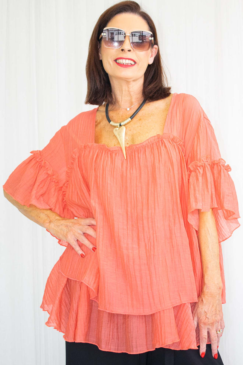 Daniella Double Layered Ruffle Top in Coral