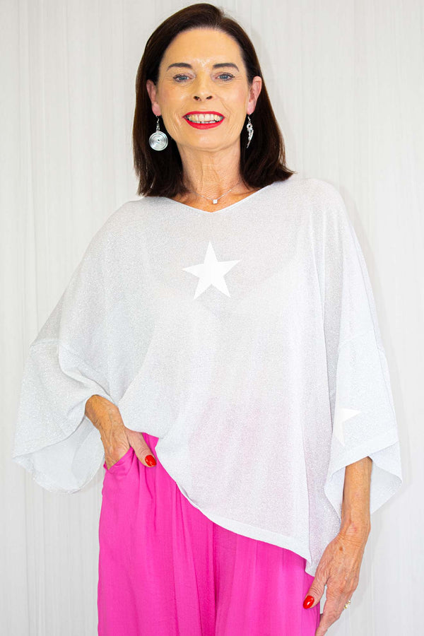 Star Print Boxy Fit Fine Knit in Silver with White