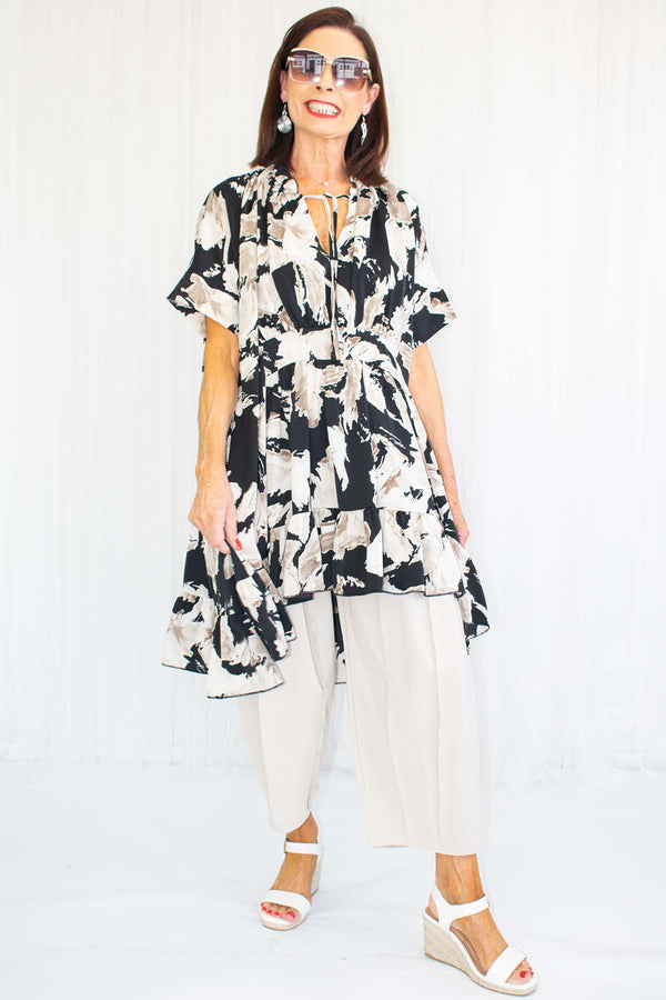 Giselle Floral Print Tie Neck Dress/Top in Black with Beige