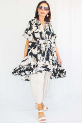 Giselle Floral Print Tie Neck Dress/Top in Black with Beige