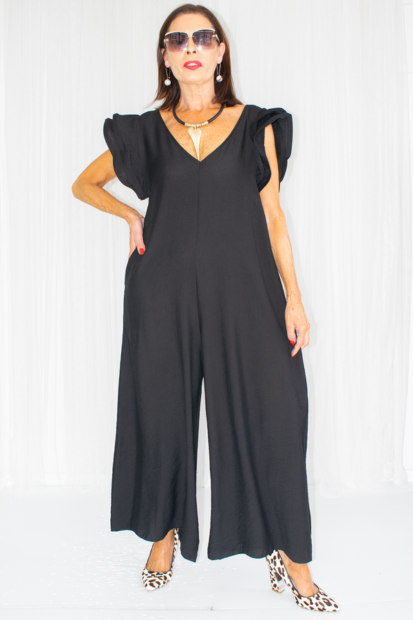 Ravello Ruffle Sleeve Wide Leg Jumpsuit in Black