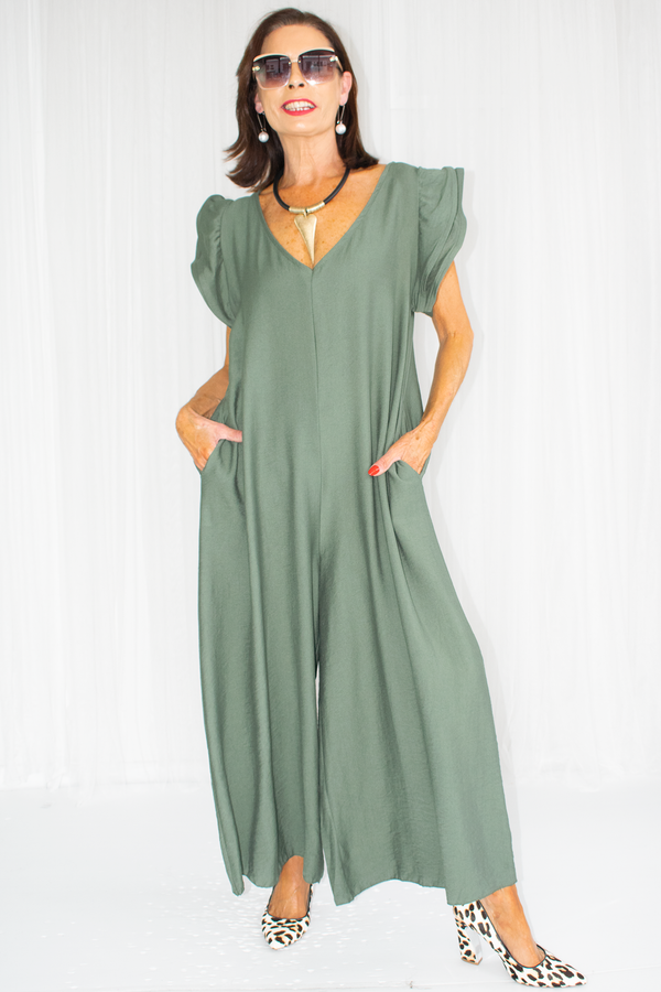 Ravello Ruffle Sleeve Wide Leg Jumpsuit in Deep Sage