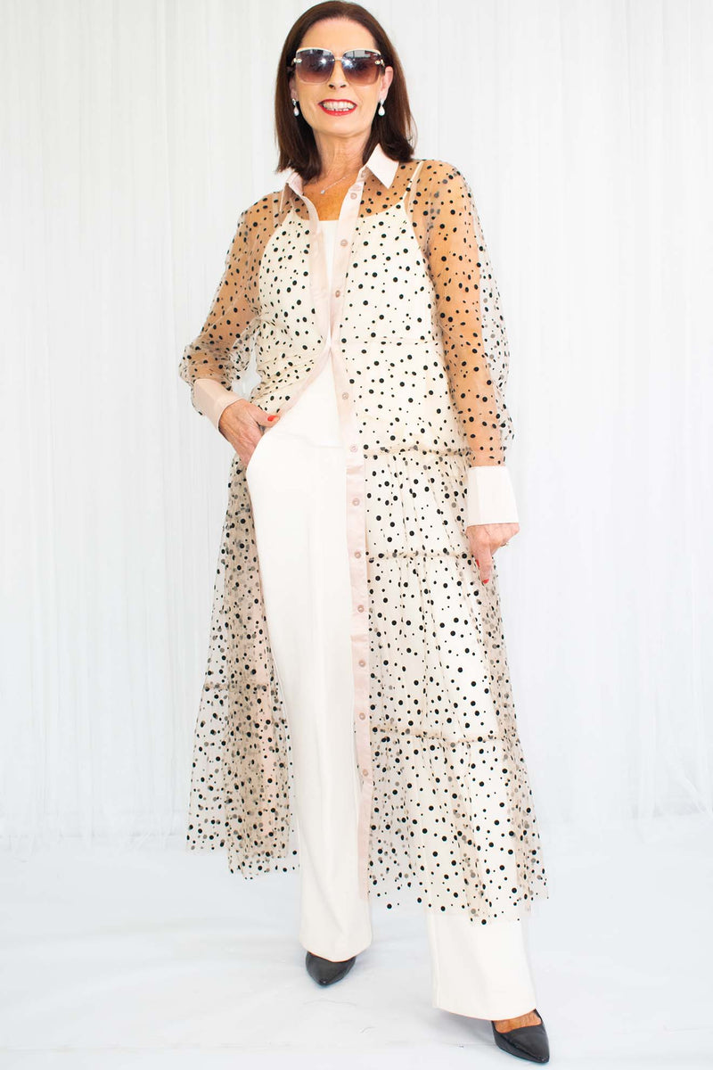 Nala Polka Dot Sheer Shirt/Dress with Satin Finish in Beige