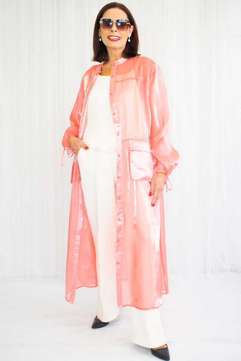 Uma Satin Pocket Sheer Shirt/Dress in Vibrant Coral