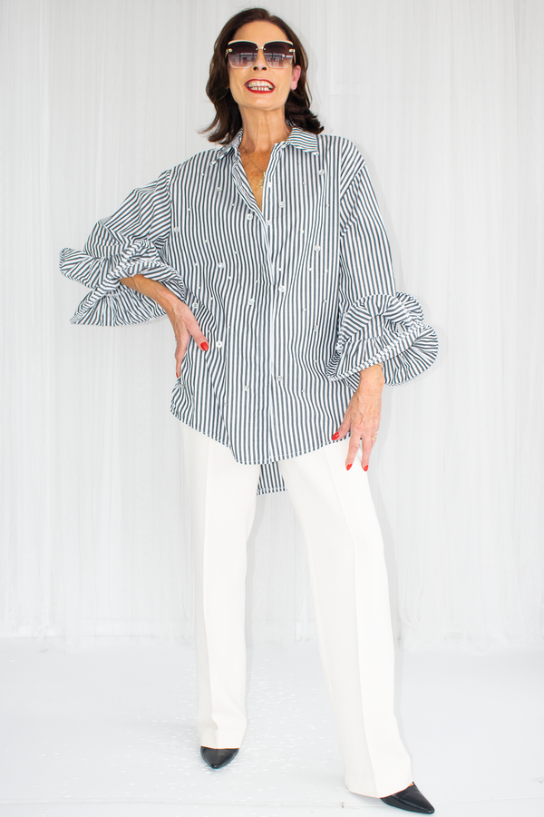 Portofino Ruffle Sleeve Shirt in Mono Stripe Diamante