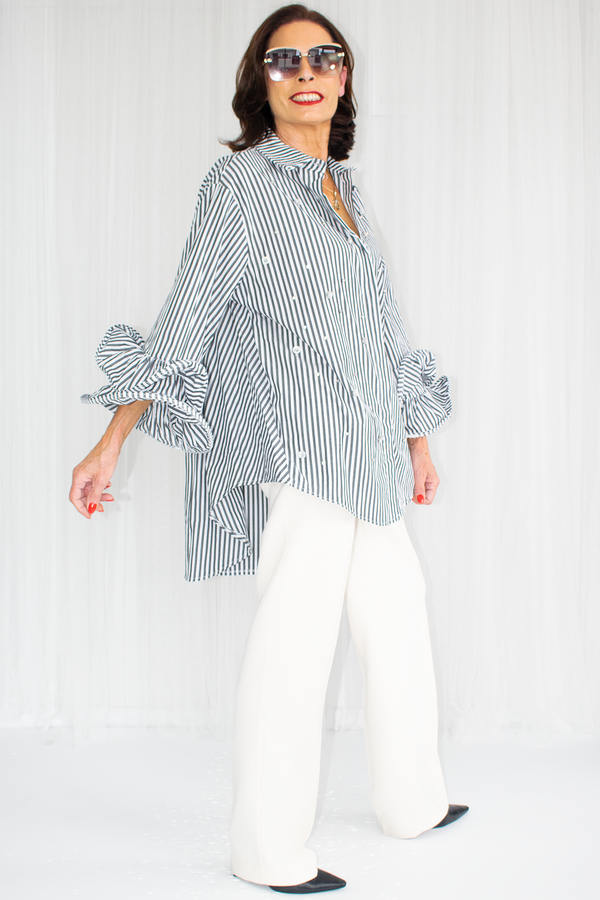 Portofino Ruffle Sleeve Shirt in Mono Stripe Diamante