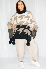 Penny Pom Pom Geometric Poncho Style Jumper in Mocha