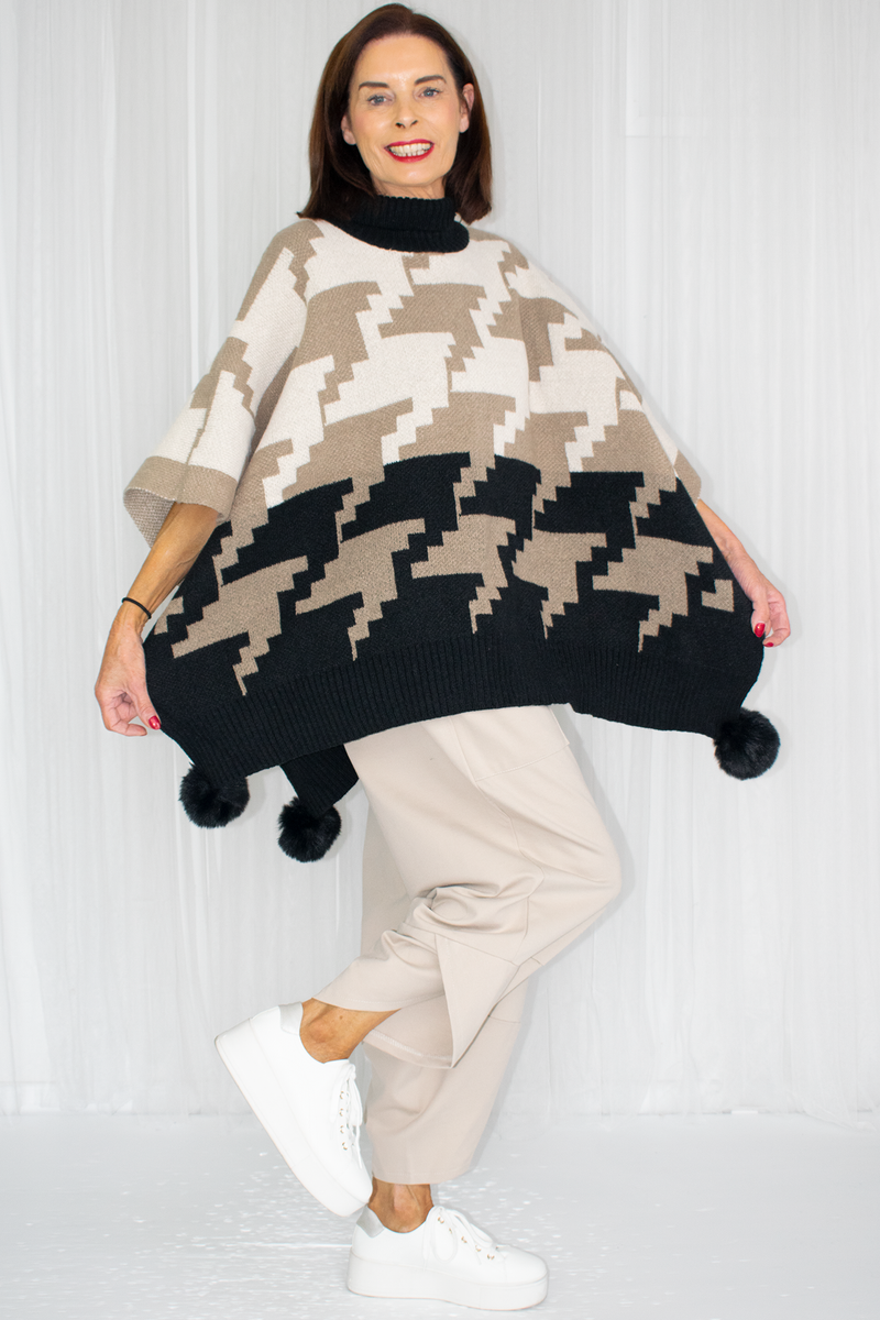 Penny Pom Pom Geometric Poncho Style Jumper in Mocha