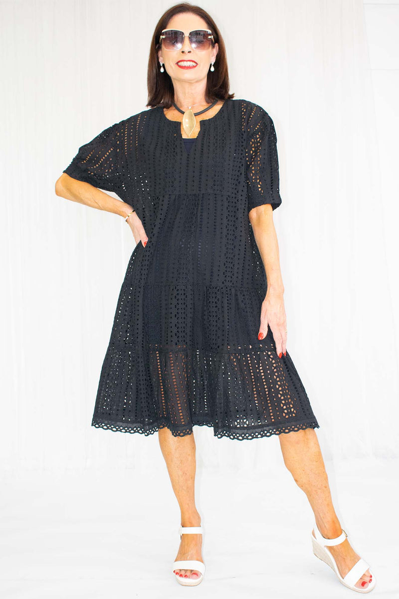 Taylor Tiered Brodie Anglaise Dress in Black