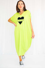 Vibrant LOVE Decal Cocoon Dress in Bright Apple