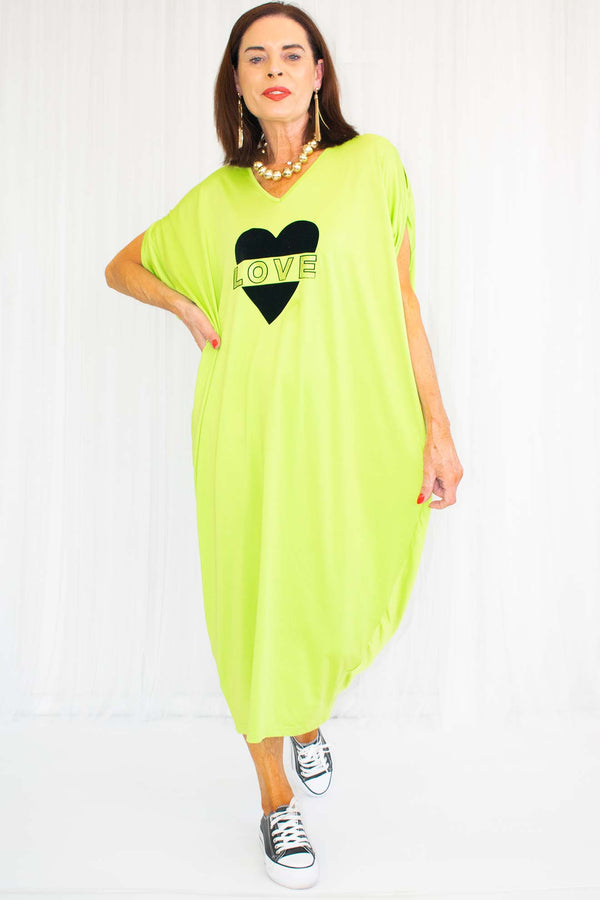 Vibrant LOVE Decal Cocoon Dress in Bright Apple