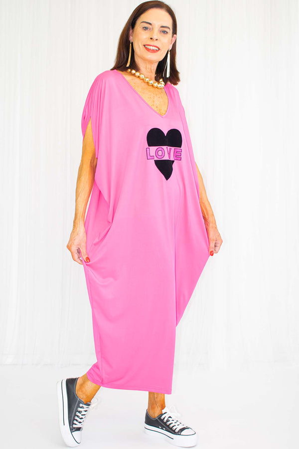 Vibrant LOVE Decal Cocoon Dress in Hot Pink