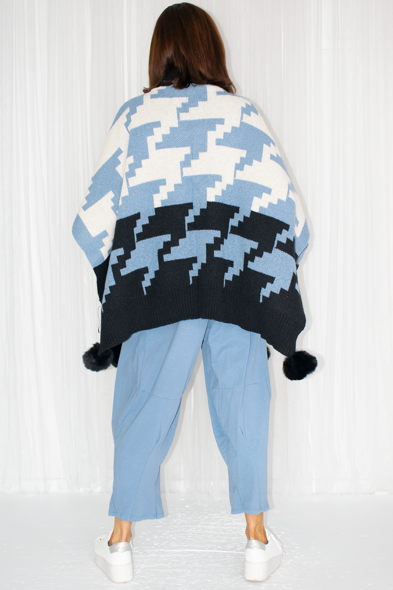 Penny Pom Pom Geometric Poncho Style Jumper in Baby Blue