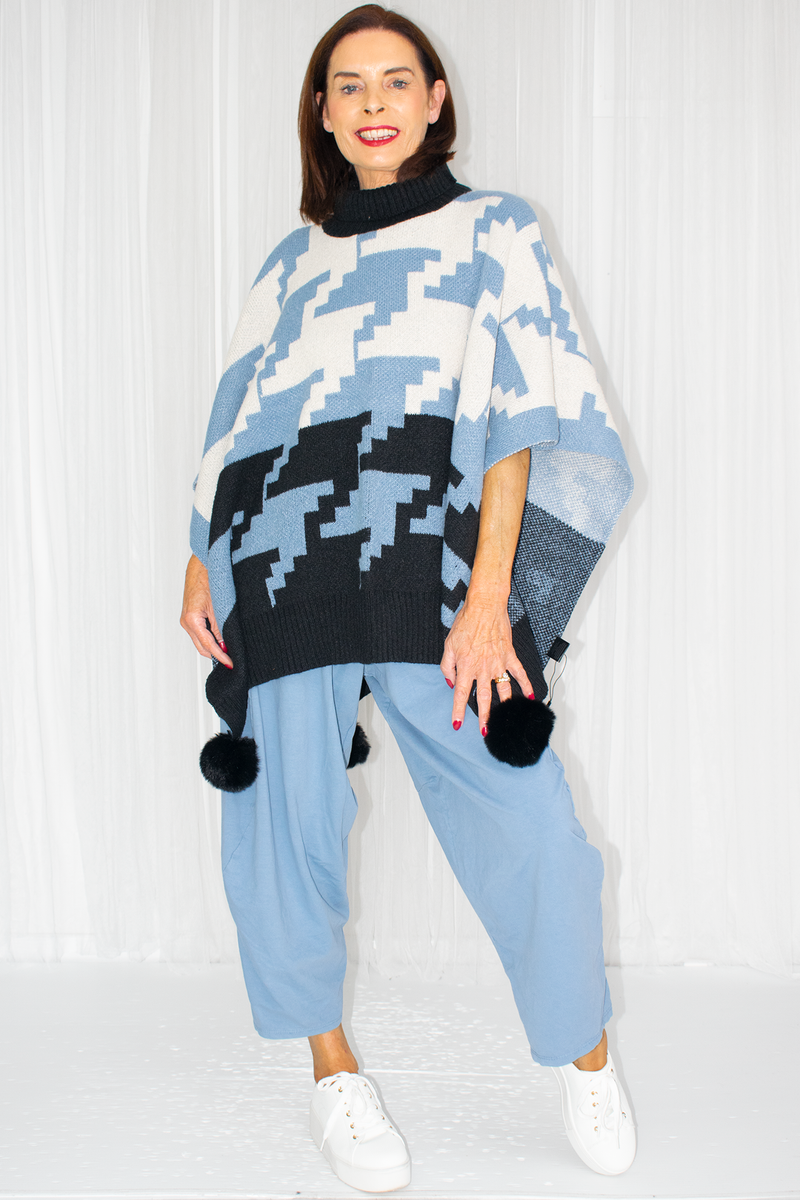 Penny Pom Pom Geometric Poncho Style Jumper in Baby Blue