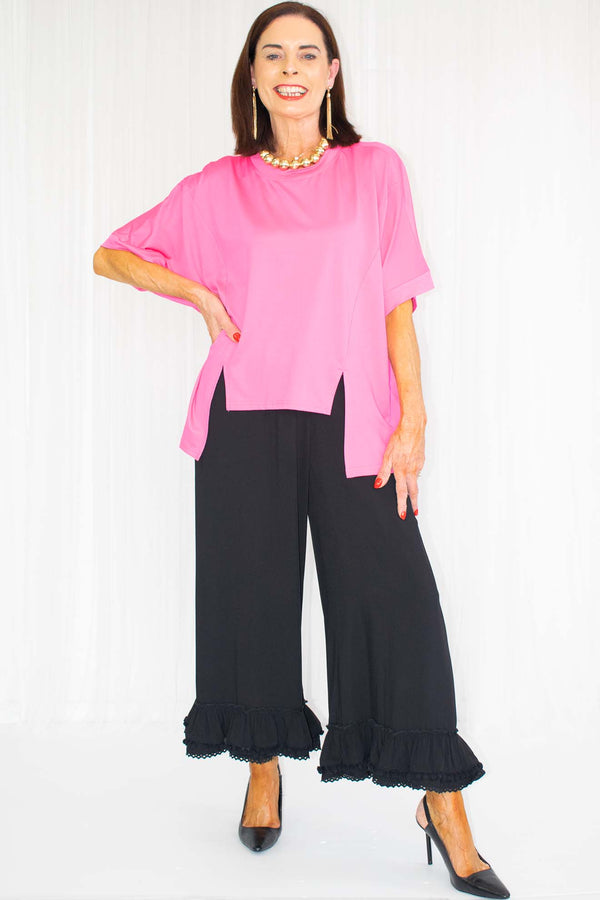 Essie Boxy Short Sleeve Top with Slit in Hot Pink