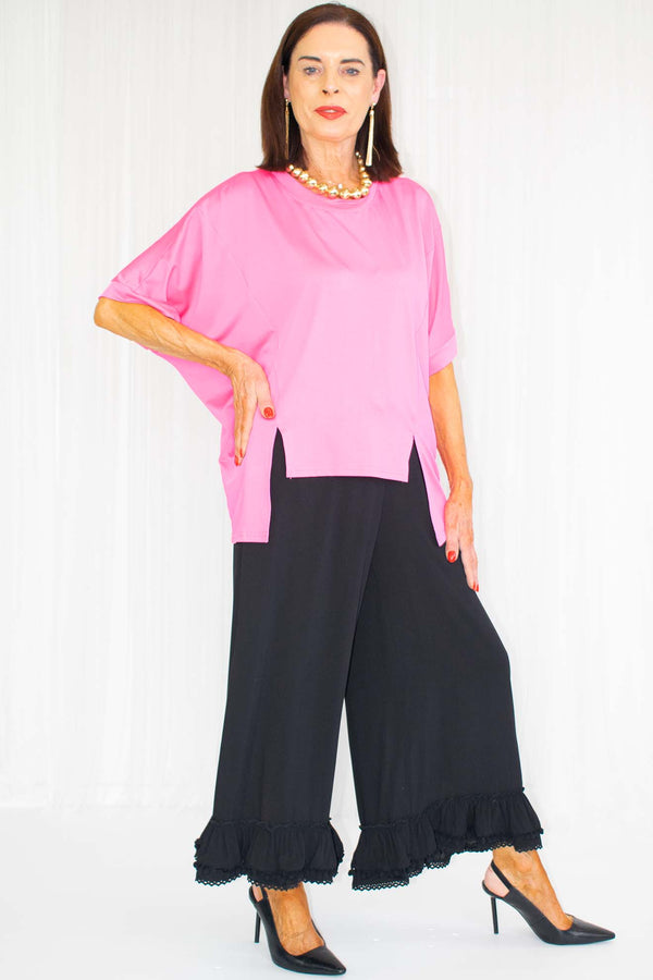 Essie Boxy Short Sleeve Top with Slit in Hot Pink