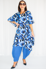 Rochelle Printed Frill Sleeve Tunic in Royal Blue