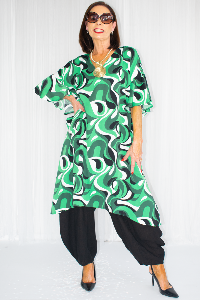 Rochelle Printed Frill Sleeve Tunic in Emerald Green