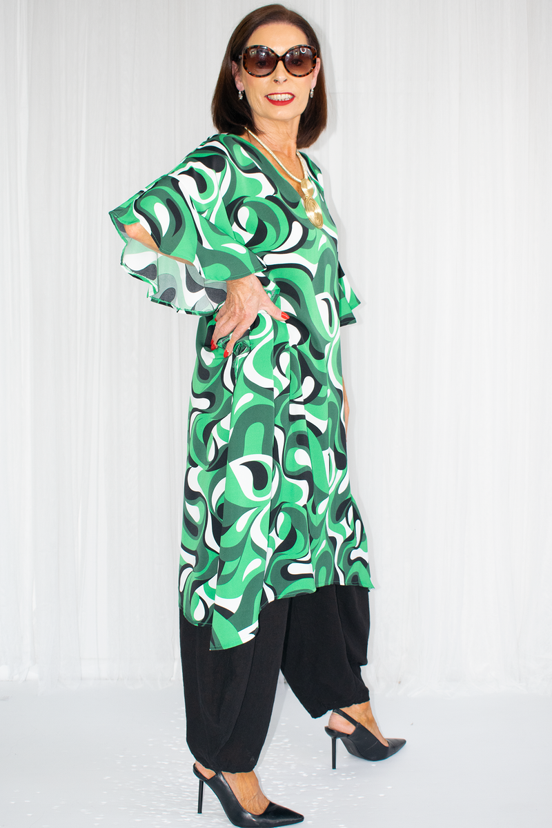 Rochelle Printed Frill Sleeve Tunic in Emerald Green