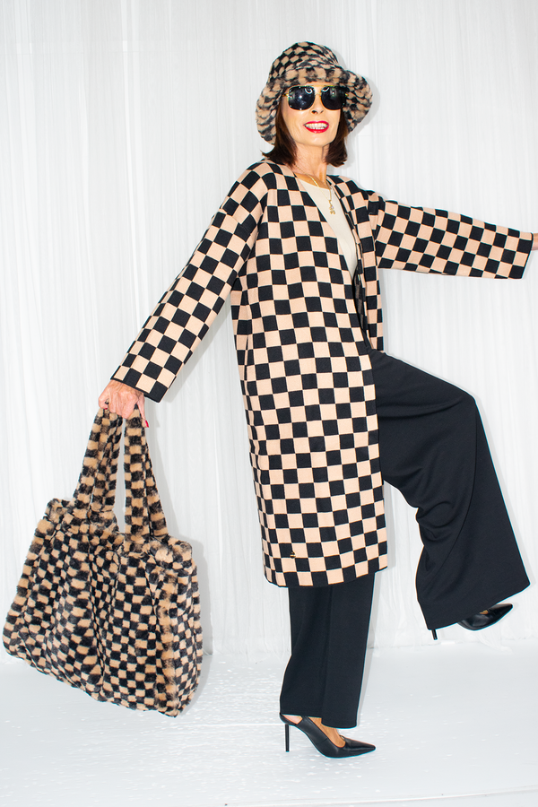 Checkered Faux Fur Tote Bag in Camel/Black