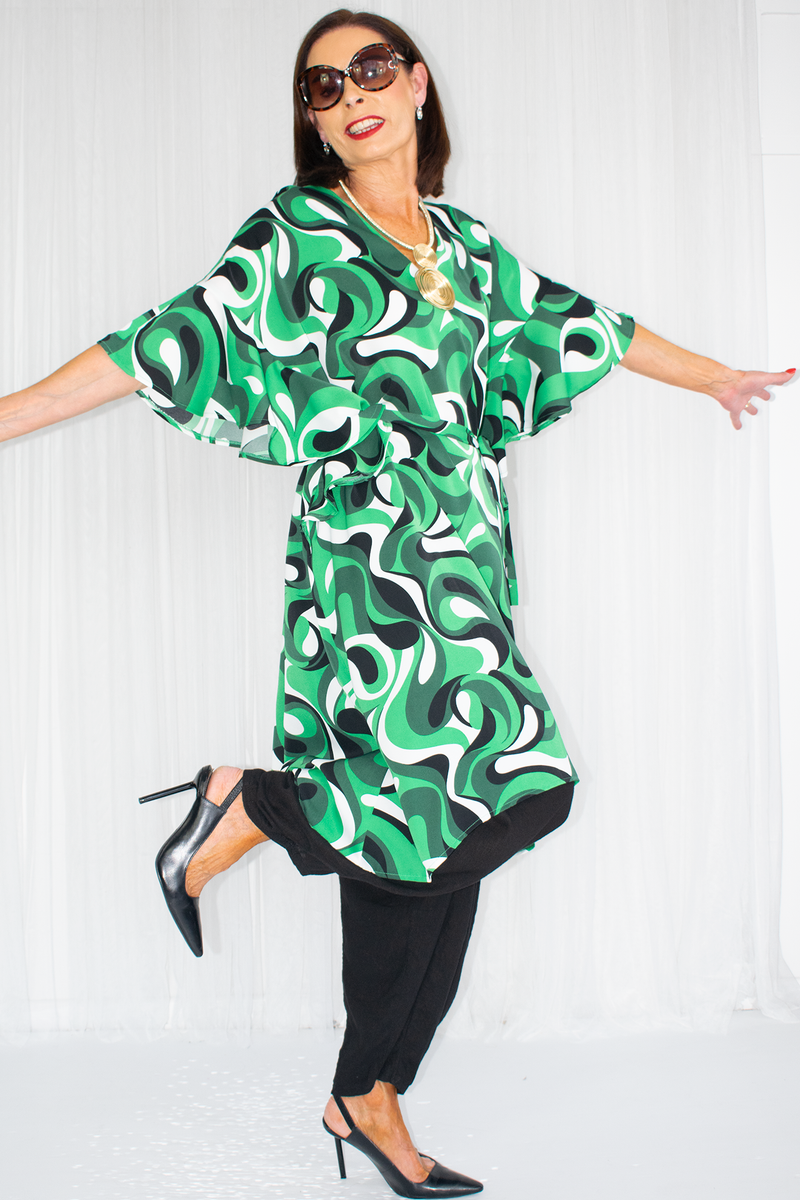 Rochelle Printed Frill Sleeve Tunic in Emerald Green