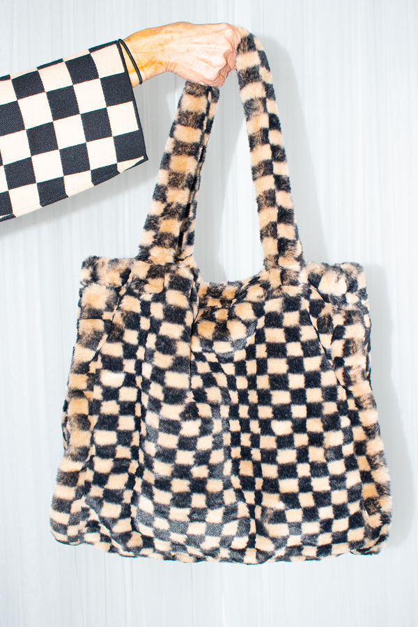 Checkered Faux Fur Tote Bag in Camel/Black