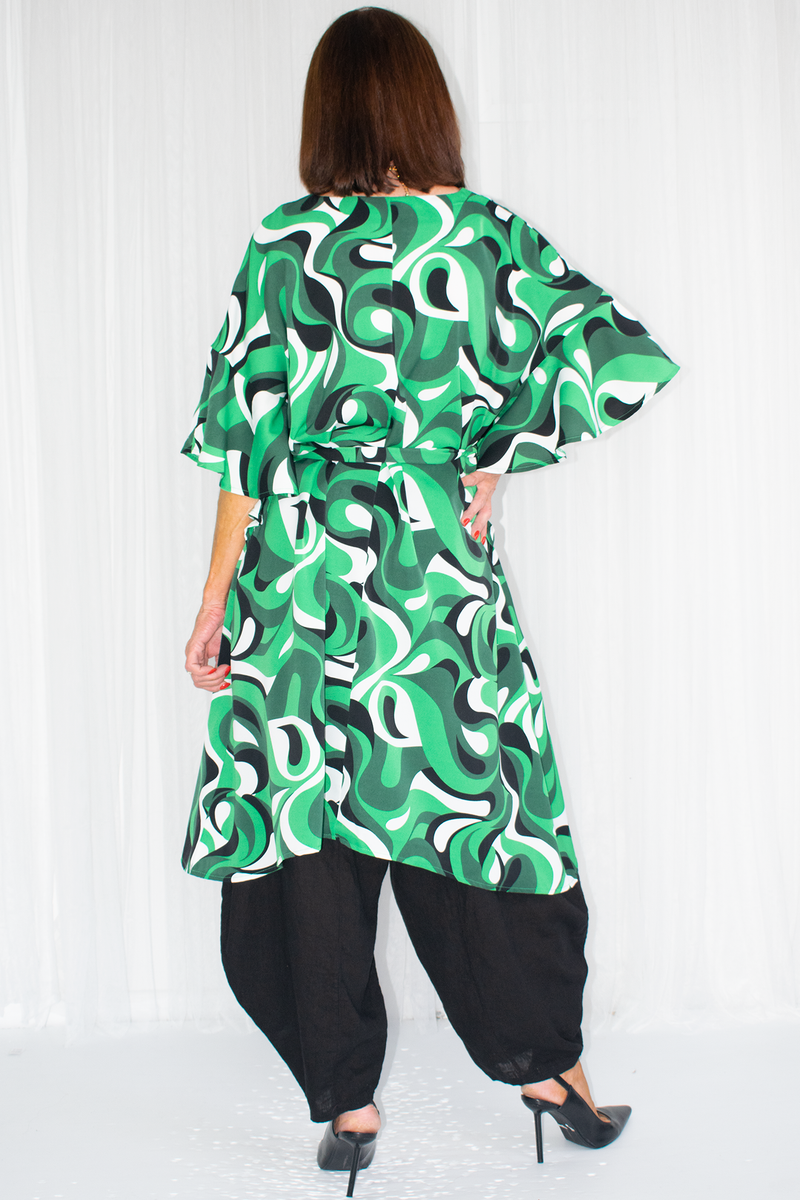 Rochelle Printed Frill Sleeve Tunic in Emerald Green