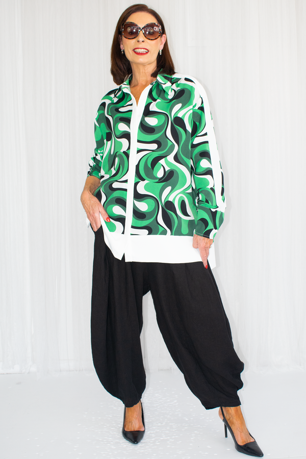 Jemima Printed shirt with solid colour border in Emerald Green