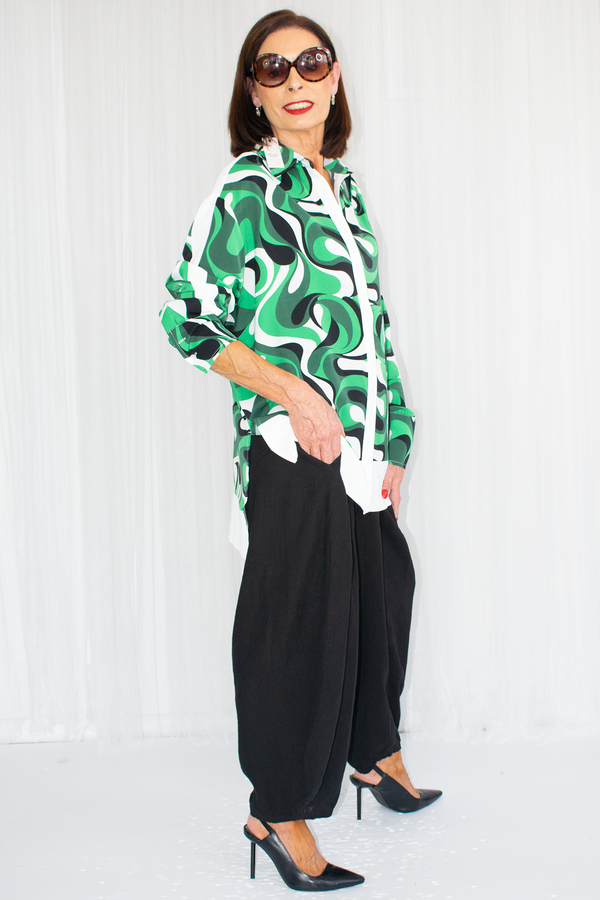 Jemima Printed shirt with solid colour border in Emerald Green