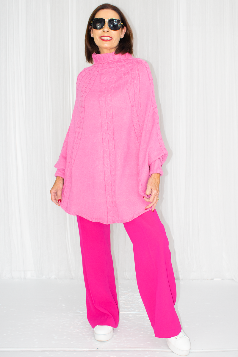 Poppy Turtle Neck Poncho Style Fine Knit in Candy Pink