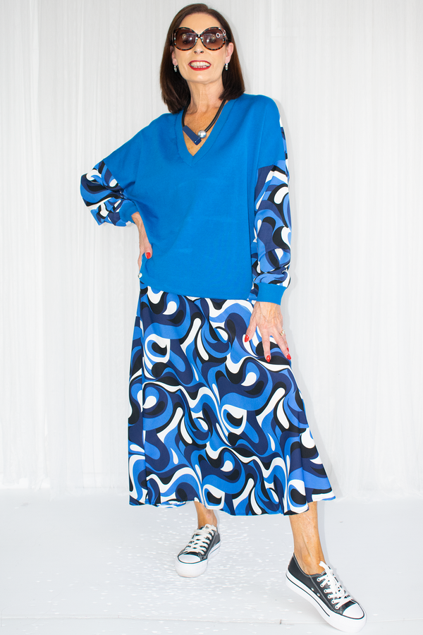 Harley Swirl Print A-Line Skirt in Royal Blue