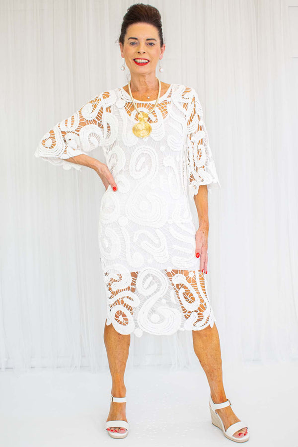Clara Crochet 3/4 Sleeve Dress in White
